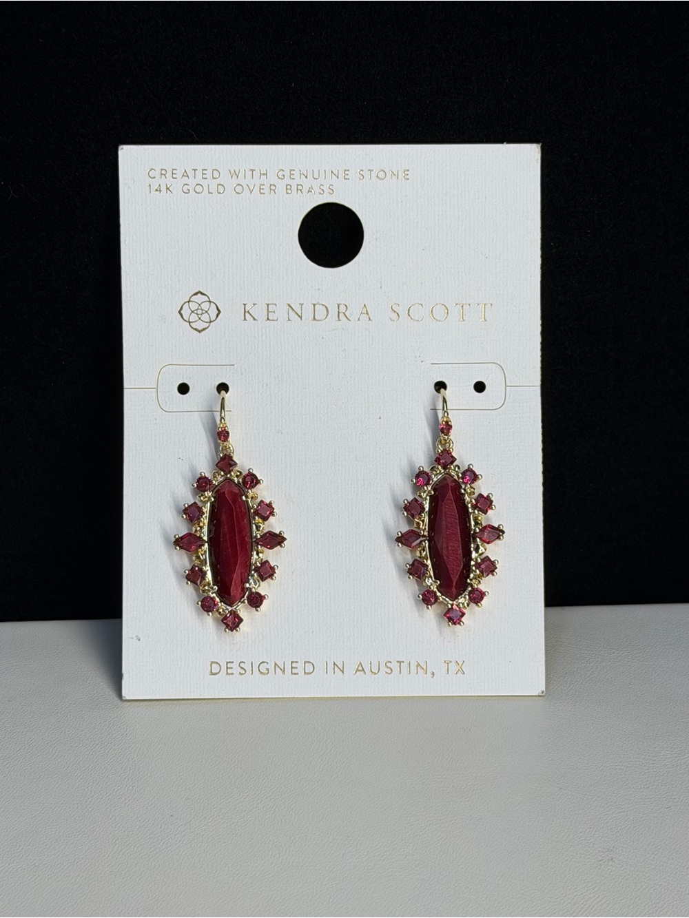 NWT Kendra Scott Eva Crystal Framed Drop Earrings 14K Gold Magenta